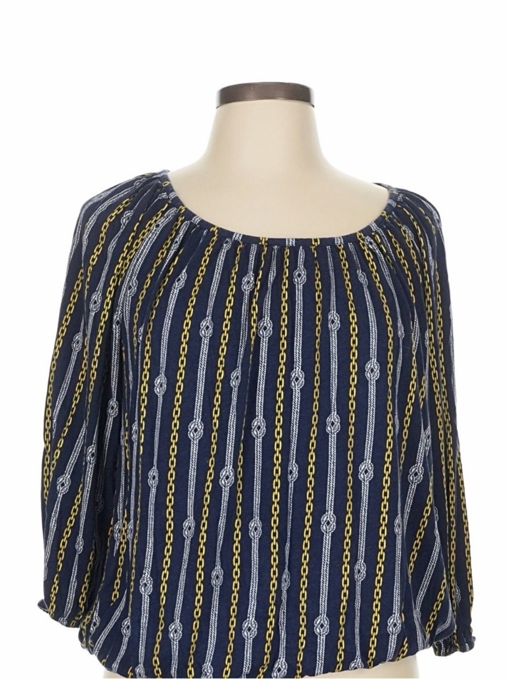 Michael Kors Nautical Chain Print Blouse XL NWT Navy Gold 3/4 Sleeve